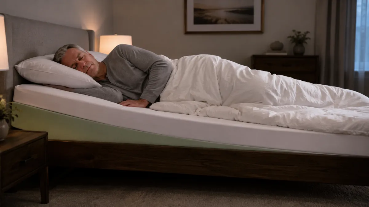 Person sleeping comfortably on their left side on an inclined mattress
