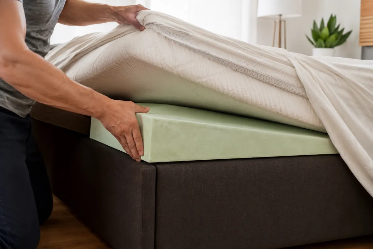 Hands sliding the Reflux Guard foam wedge under a mattress, showing easy permanent setup