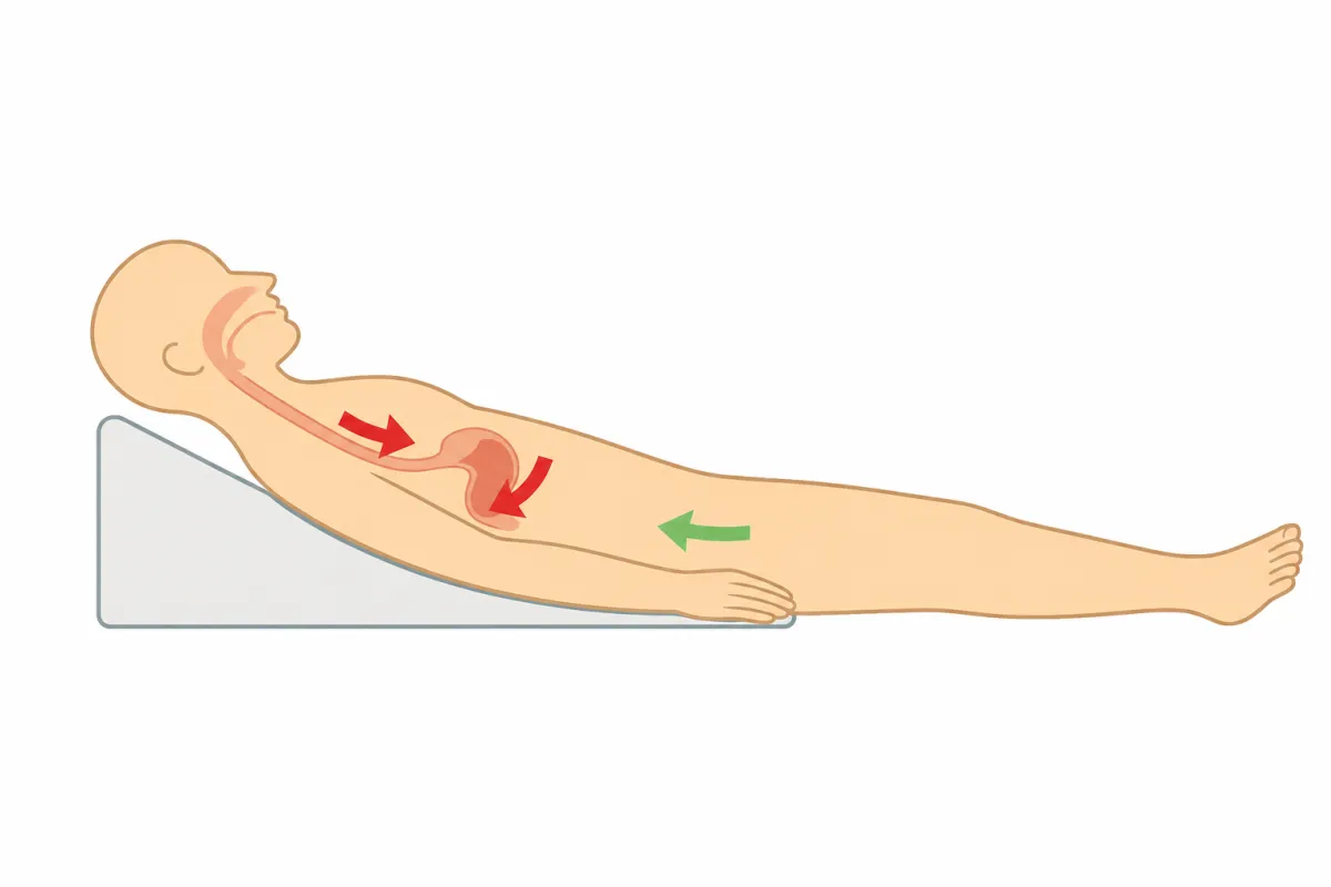 Medical illustration showing a human figure on a wedge pillow with a bent waist