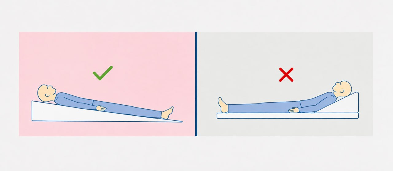 Side-by-side medical diagram comparing Wedge Pillow posture and Reflux Guard full-body incline