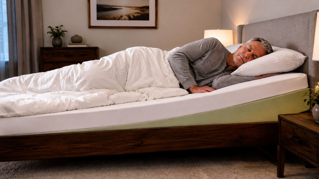 Person sleeping comfortably on their left side on an inclined mattress