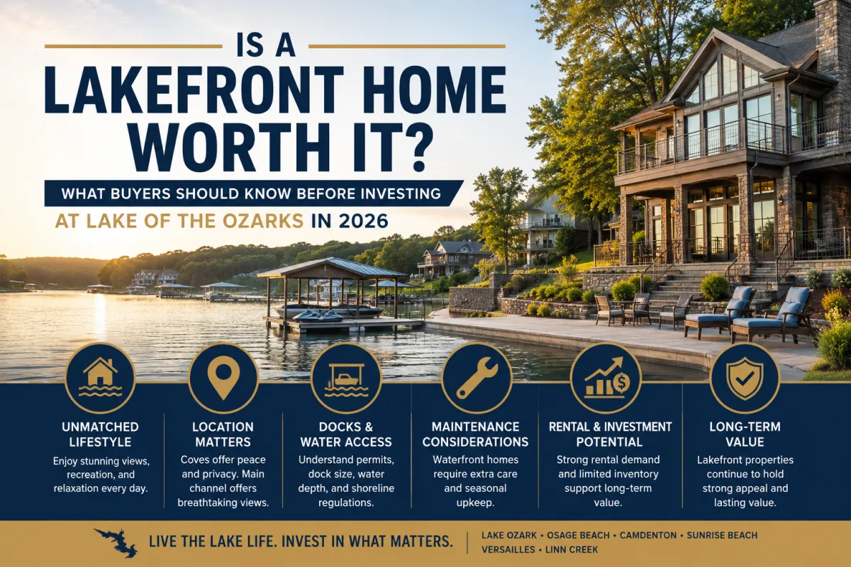 Luxury lakefront home with private dock at Lake of the Ozarks, showcasing waterfront living and investment opportunities in 2026.