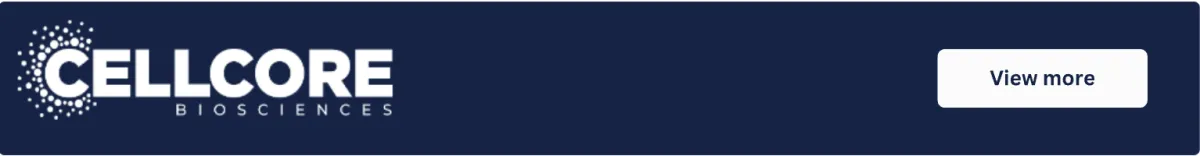Cellcore Biosciences banner with a "View more" button on a dark blue background.