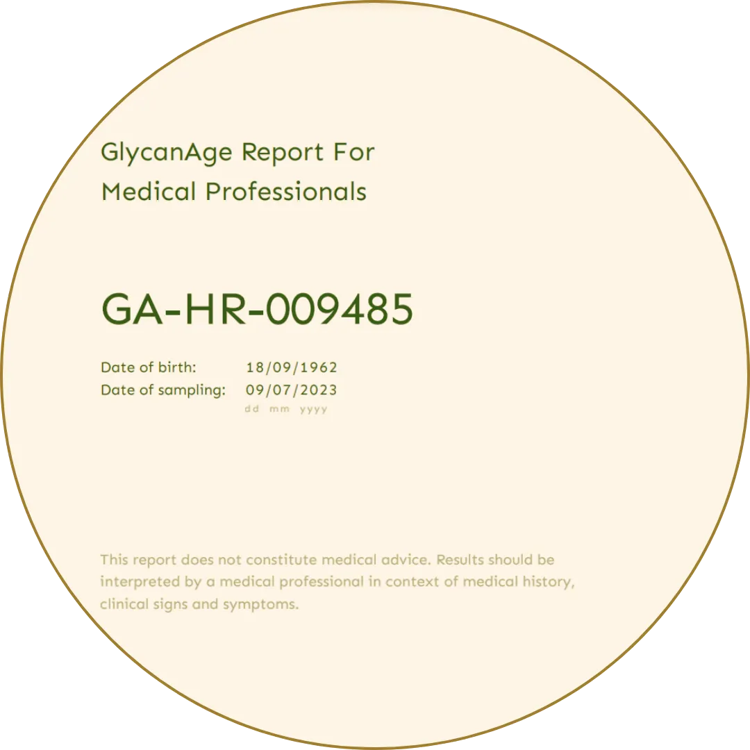 GlycanAge test report summary showing sample ID and patient birth/sampling dates.