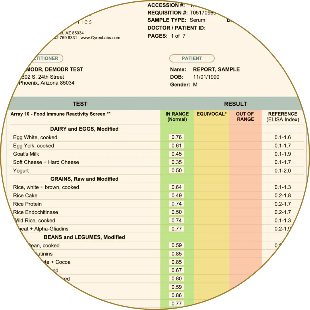 Food immune reactivity screen showing reactions to eggs, grains, legumes, and dairy foods.