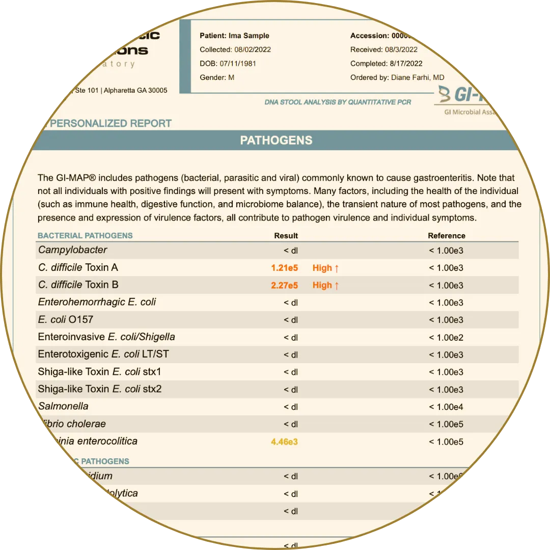 GI-MAP stool test showing bacterial pathogen levels and gut health indicators.