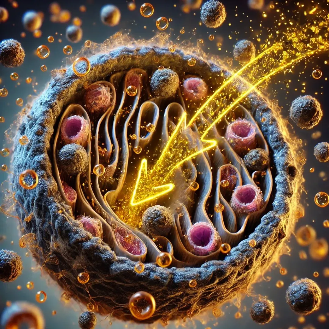 Artistic 3D rendering of a mitochondrion with glowing particles and energy flowing into it, symbolizing cellular energy.