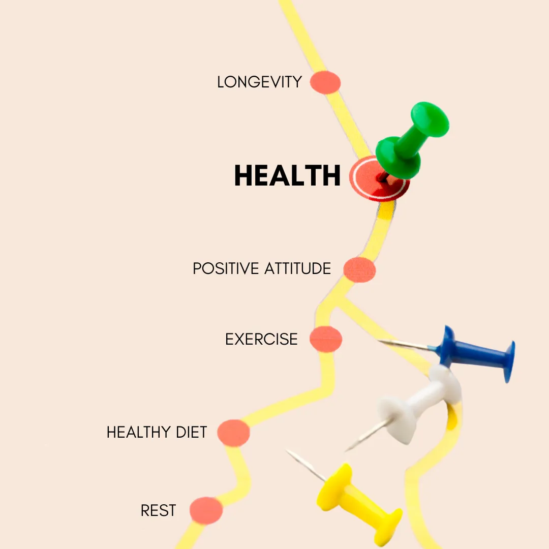 A roadmap to health marked with pins and milestones like rest, diet, exercise, and longevity.