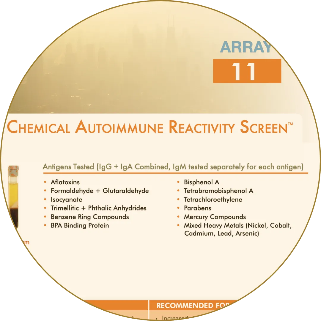 Chemical autoimmunity screen listing tested toxins like BPA, mercury, parabens, and heavy metals.