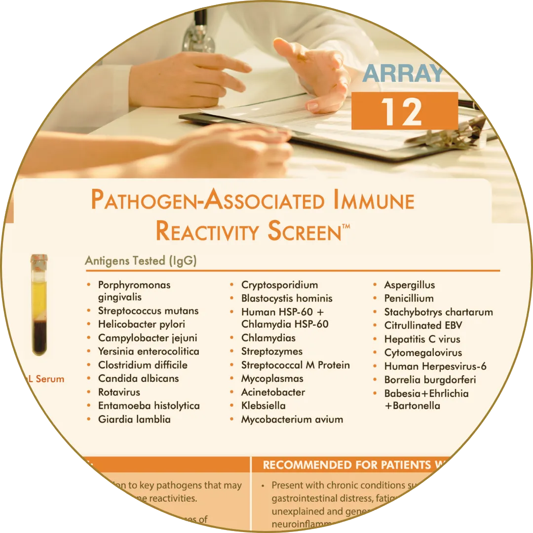 Pathogen immune reactivity test listing bacteria, viruses, and fungi assessed for immune response.