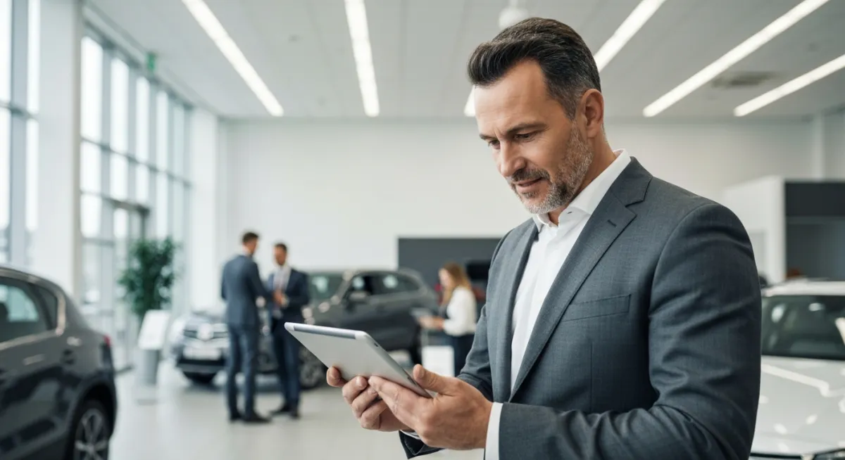 Auto dealership customers browsing vehicles in a showroom.