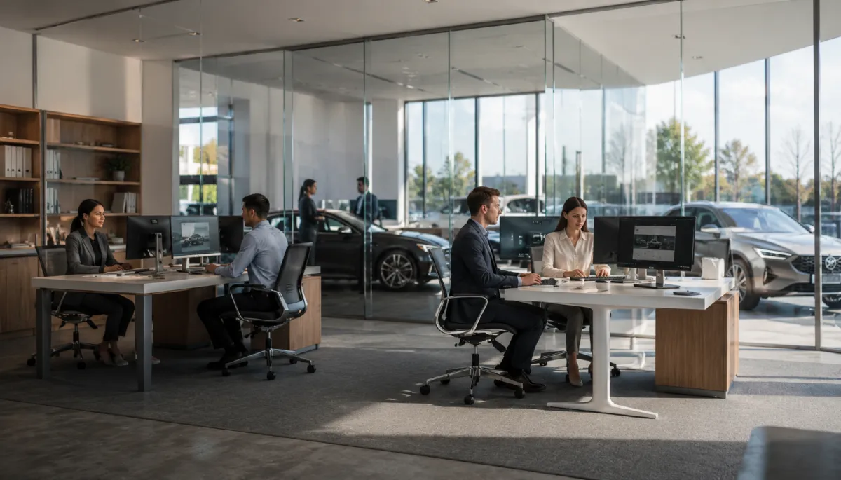 Car dealership showroom with sales team at desks viewing lead notifications
