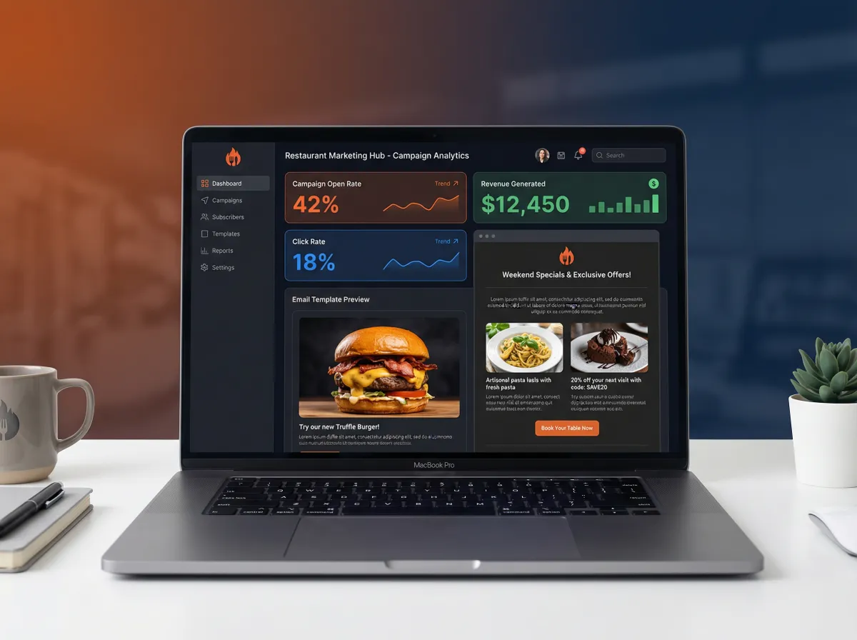 Desktop monitor showing a modern restaurant landing page with food photography, CTAs, reviews, and email signup form