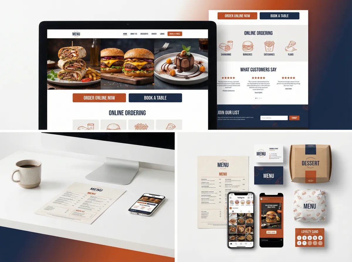 Flat-lay of menu design, business cards, packaging mockups, and social media post previews in burnt orange and navy