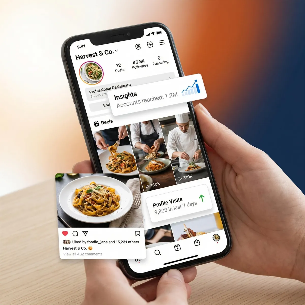 Smartphone displaying high-engagement Instagram feed with subtle growth chart overlay