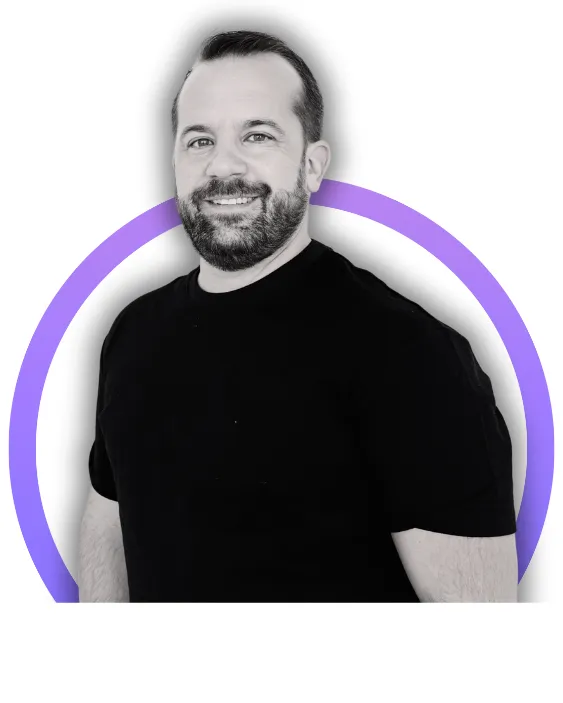 A picture of Ashley Frank sanding with a purpose circle in the background.