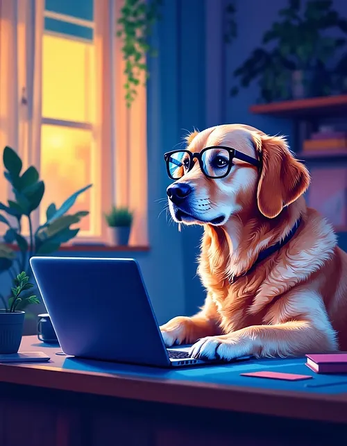 Lifelike illustration of a cocker spaniel (or yellow lab) wearing glasses and working on a computer at a desk, playful and focused, warm color palette, background softly blurred, height:auto