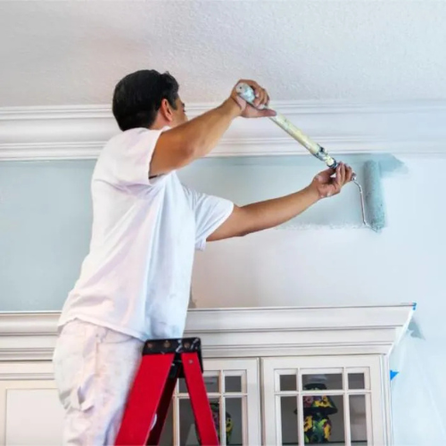 Peintre professionnel appliquant de la peinture au rouleau sur un mur depuis un échafaudage dans une pièce intérieure.