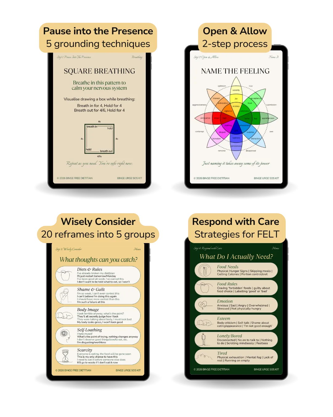 SOS Navigation cards - 20 cards in 4 steps to stop food urges - Pause into the presence, open and allow, wisely consider and respond wither