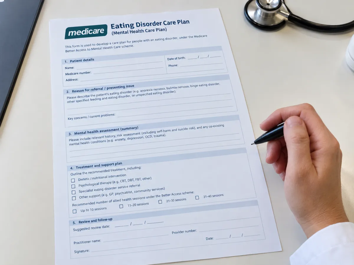 Person and GP reviewing an Eating Disorder Plan (EDP) paperwork together in a Medicare consultation, illustrating how to access subsidised eating disorder treatment in Australia