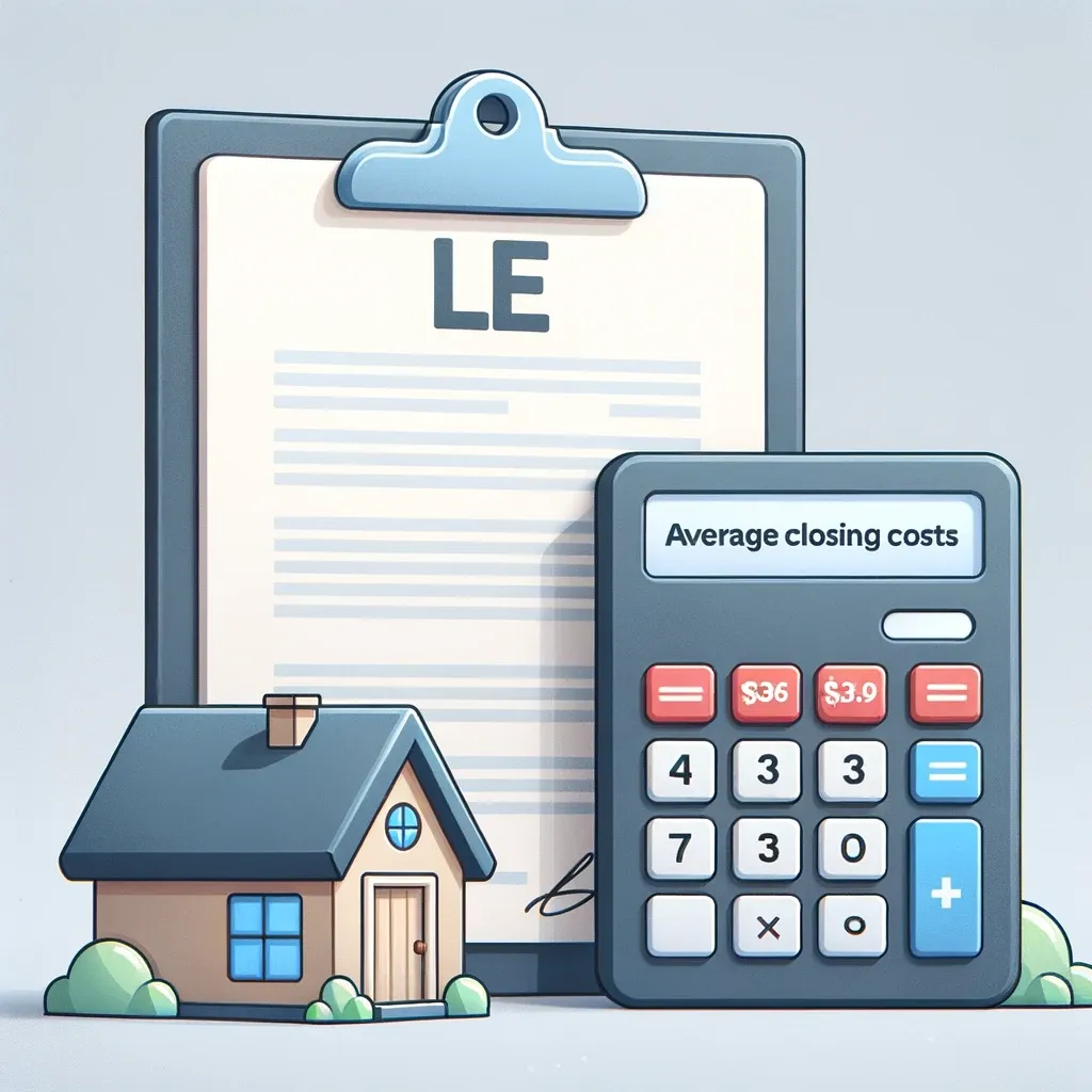 A document icon symbolizing the loan estimate, next to a calculator displaying the typical range of closing costs. Set against a minimalist background with a small house icon at the bottom.