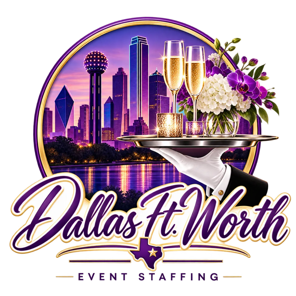 Fancy Fiesta event staffing in Dallas–Fort Worth, Texas, featuring professional event service with the Dallas skyline and Reunion Tower.
