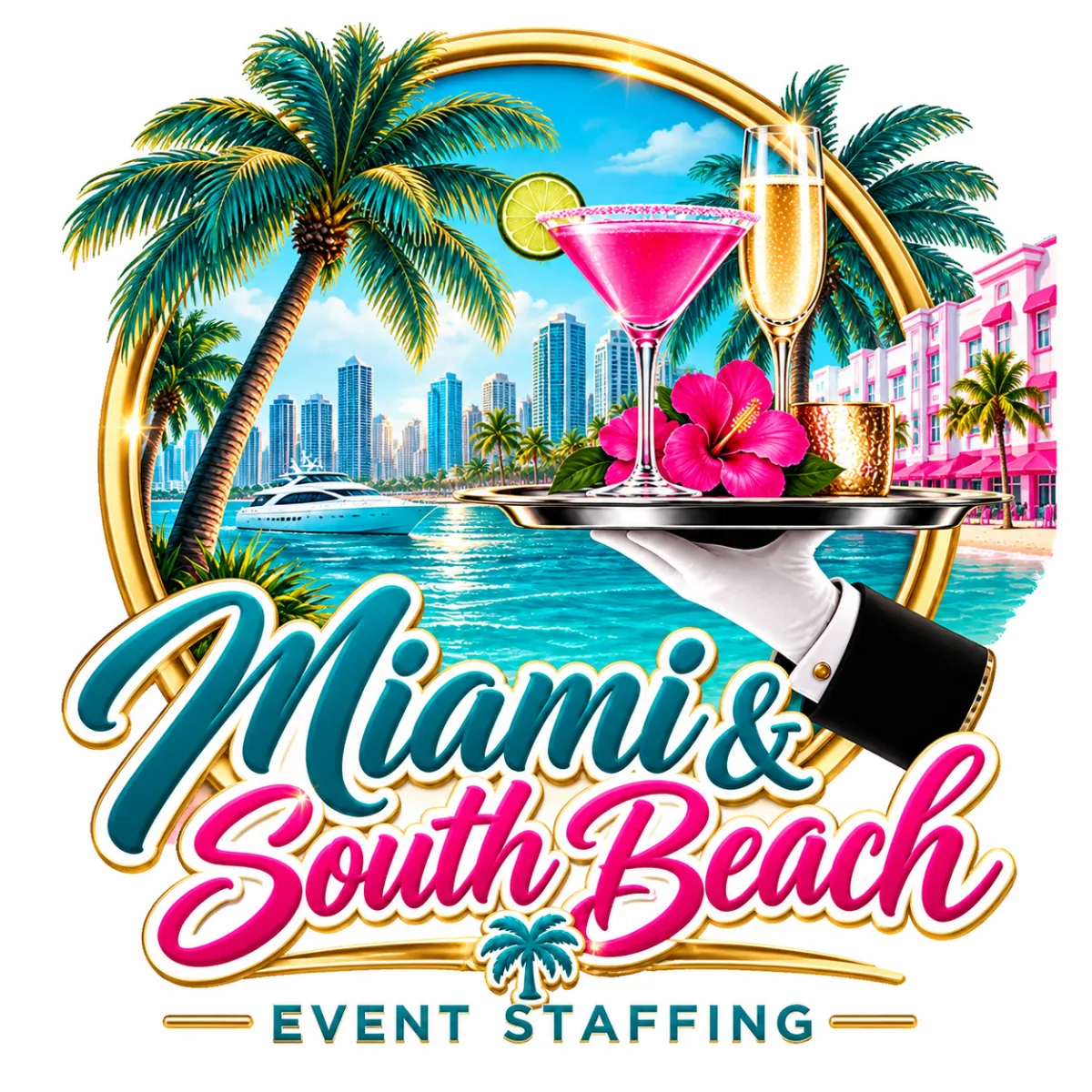 Fancy Fiesta event staffing in Miami and Miami Beach, Florida, featuring professional event service with palm trees, waterfront views, and South Florida style.