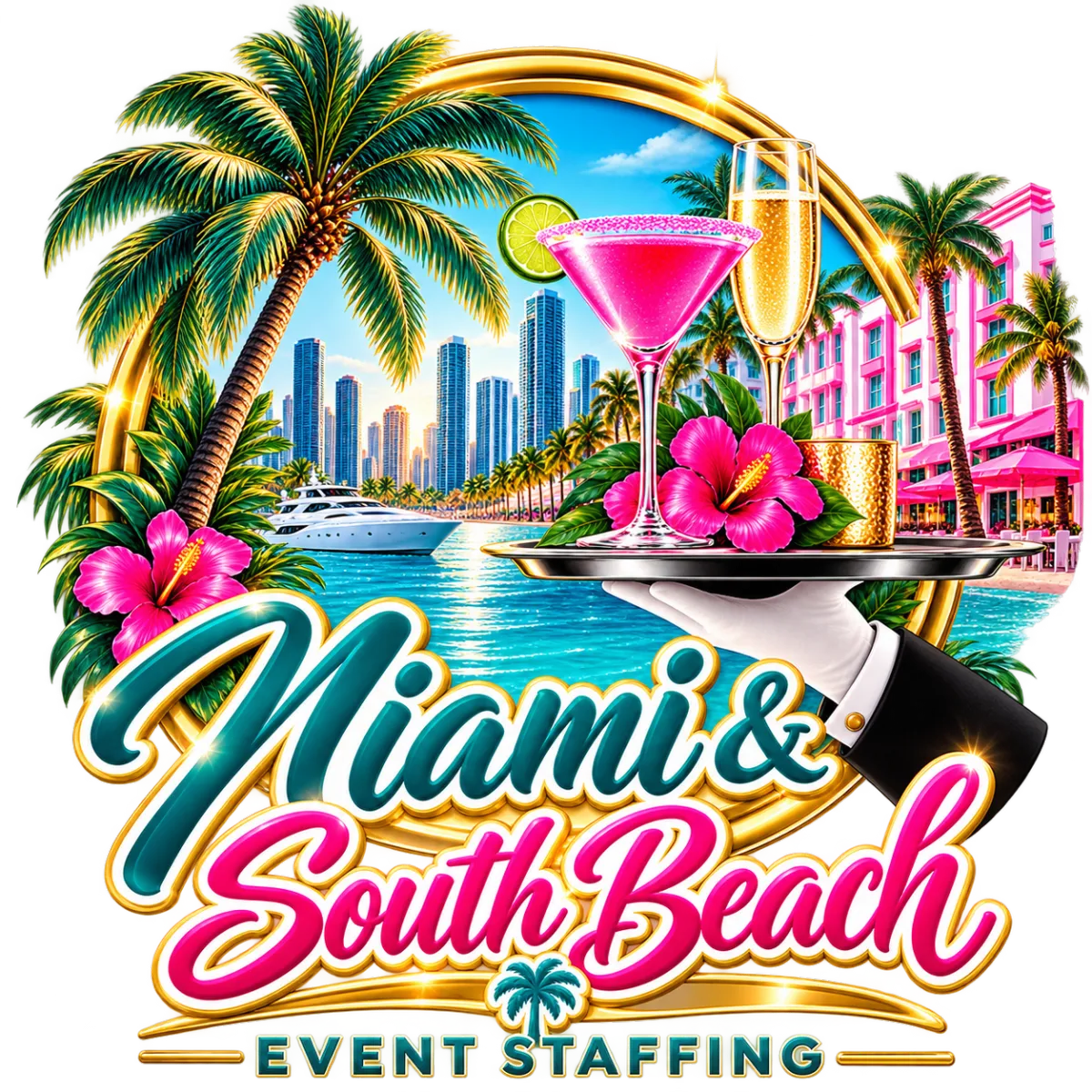 Fancy Fiesta event staffing in Miami and Miami Beach, Florida, featuring professional event service with palm trees, waterfront views, and South Florida style.