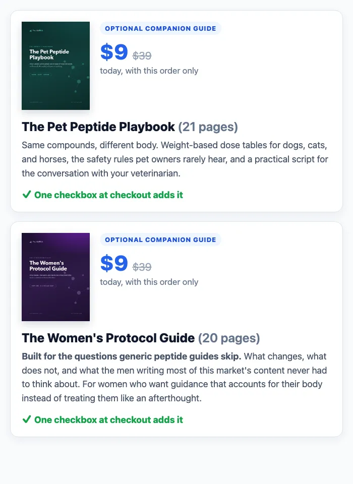 The Pet Peptide Playbook and The Womens Protocol Guide, 9 dollars each with your order