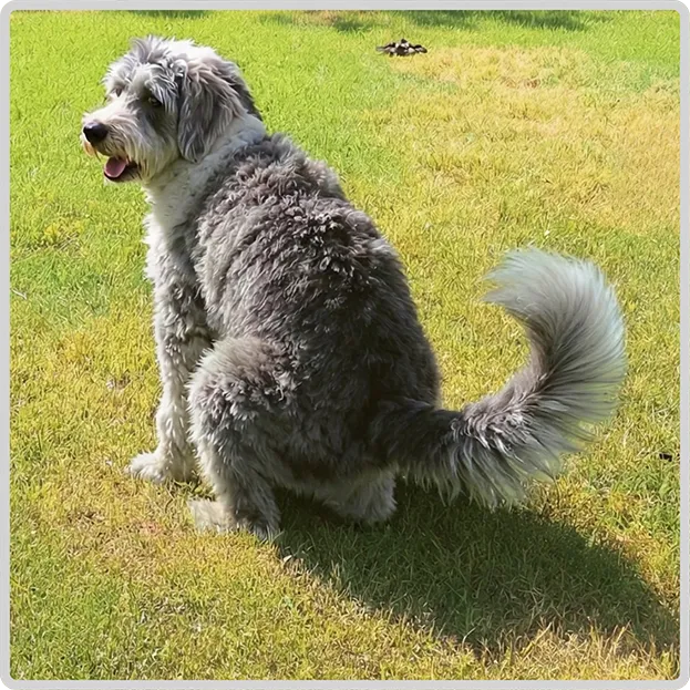 A fluffy grey and white dog sitting on a lawn, looking back with its tongue out, with a small pile of dog waste visible on the grass in the background.