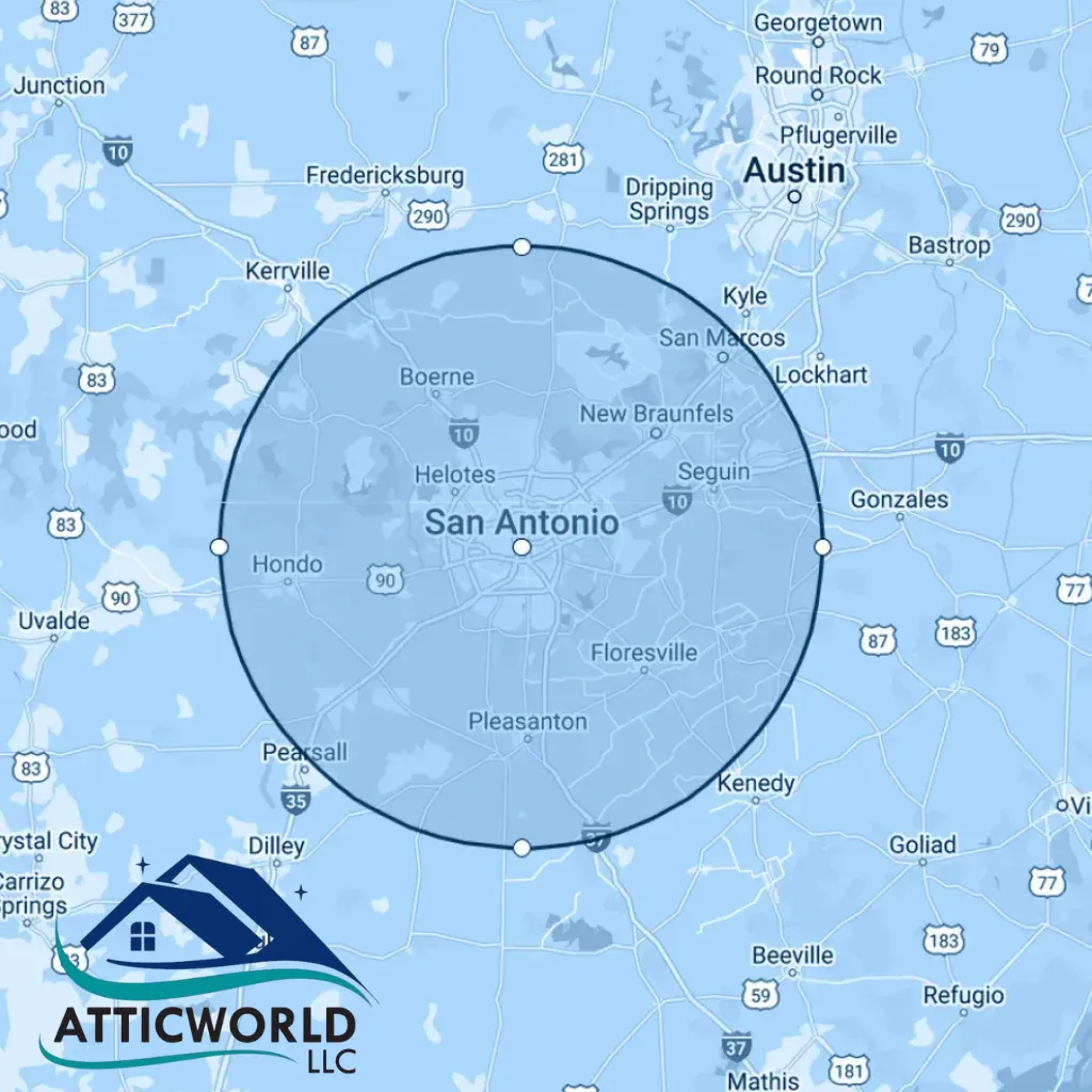 map of service area within 50 miles radius of San Antonio, Texas