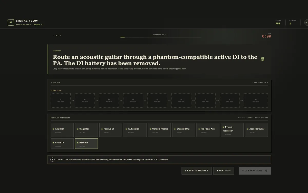 Patch or Panic Beta gameplay screenshot showing a signal-flow routing challenge