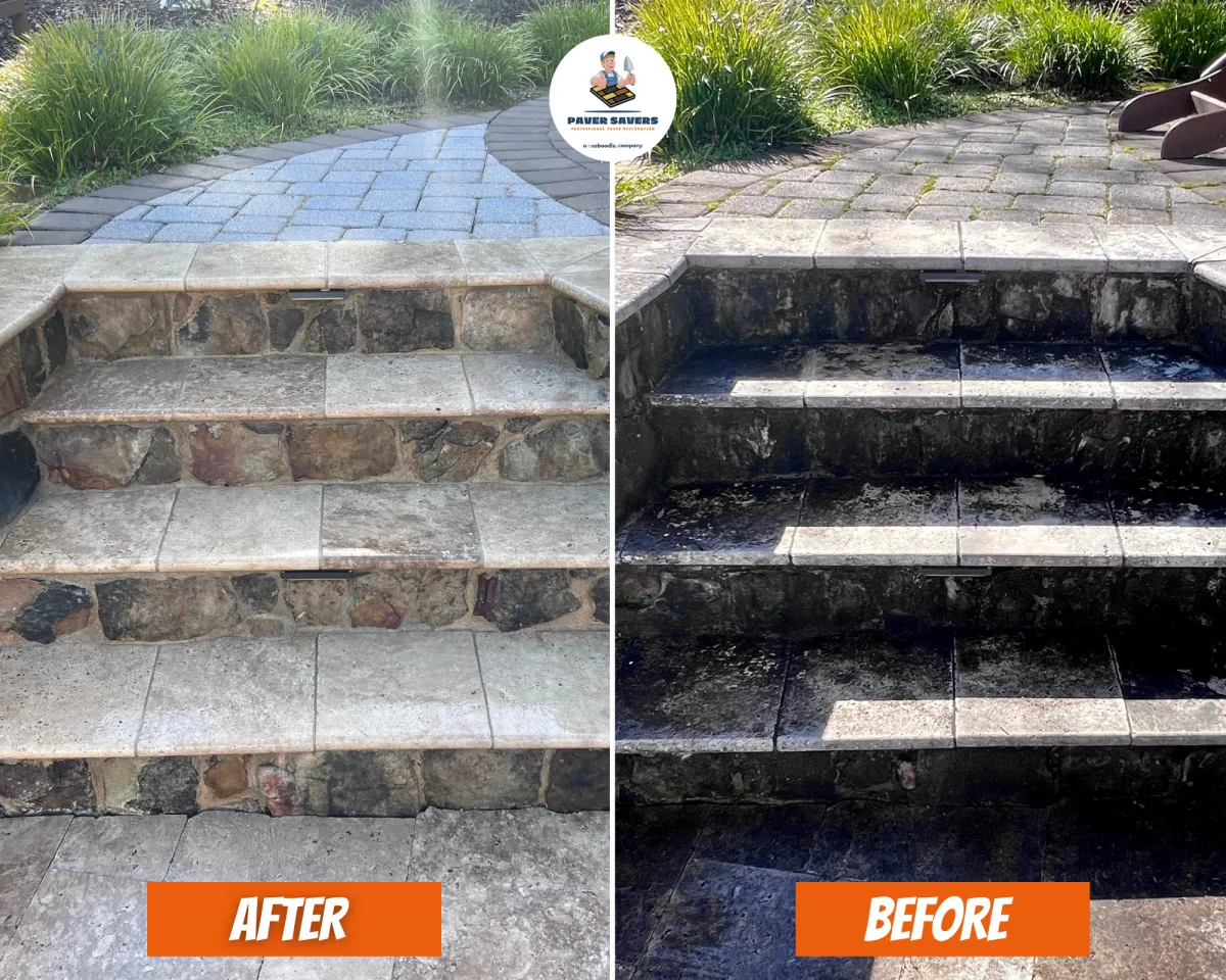 Travertine Natural Stone Stairs Restoration. Before and After. Clean and Seal.