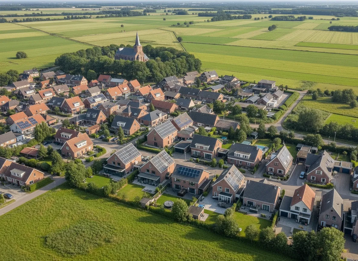Dronebeeld van een Limburgs dorp als sfeerbeeld bij duurzame energie in Limburg
