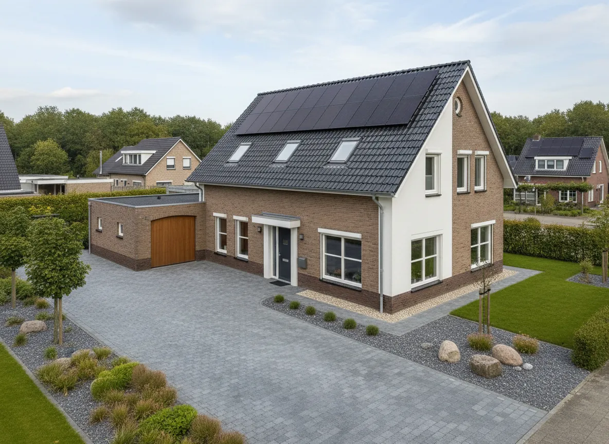 Woning in Limburg met zonnepanelen en zichtbare thuisbatterij als sfeerbeeld voor energieopslag
