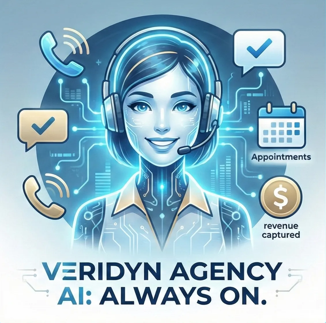 A small business owner receiving a call notification on a tablet at night, office lights glowing, AI interface overlay, 3:2 aspect ratio