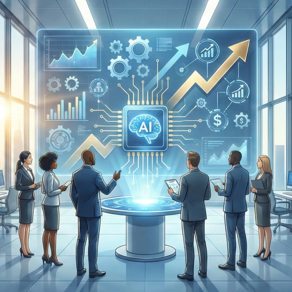 A diverse group of small business owners gathered around a digital display showing AI-powered analytics, with vibrant blue and teal accents, modern office setting, 3:2 aspect ratio