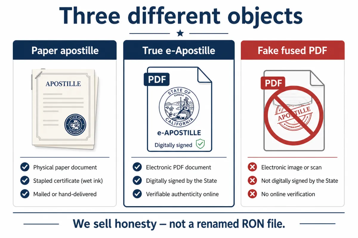 Three columns — paper apostille, true e-Apostille, fake fused PDF