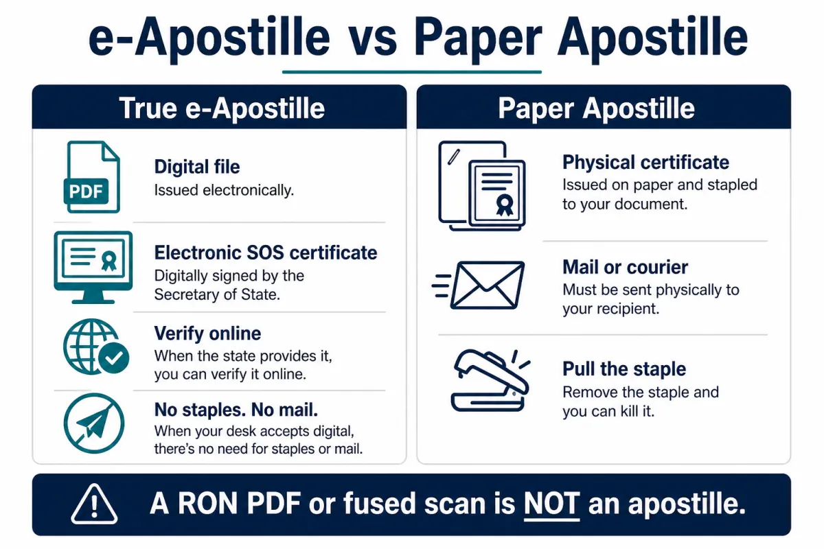 Comparison chart of true electronic apostille versus traditional paper apostille