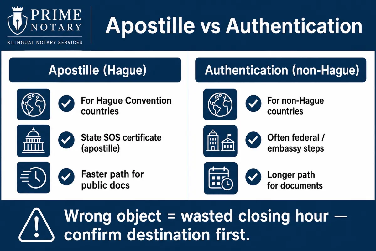 Apostille versus authentication for Hague and non-Hague countries