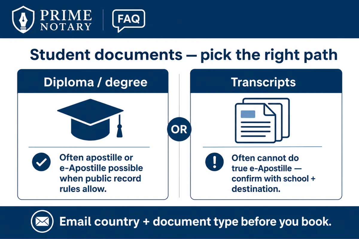Student documents path — diploma or degree versus transcripts for apostille