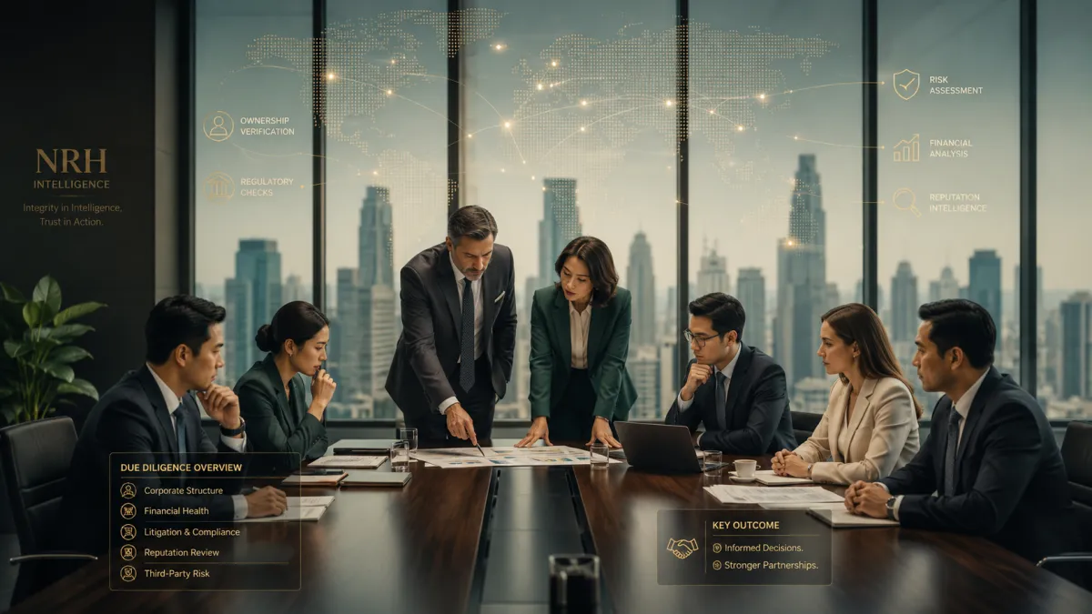 Executive reviewing global employment screening data with digital world map and compliance intelligence overlays, representing cross-border workforce verification and risk assessment.