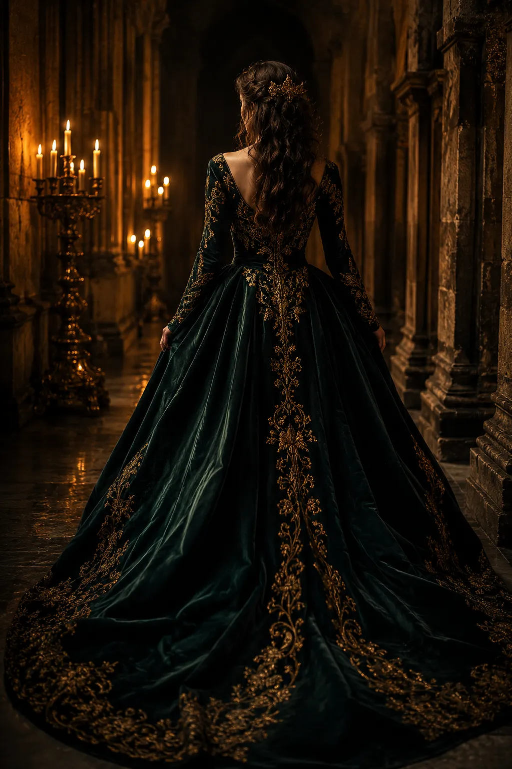 A lady in a Regency gown in a candlelit hall