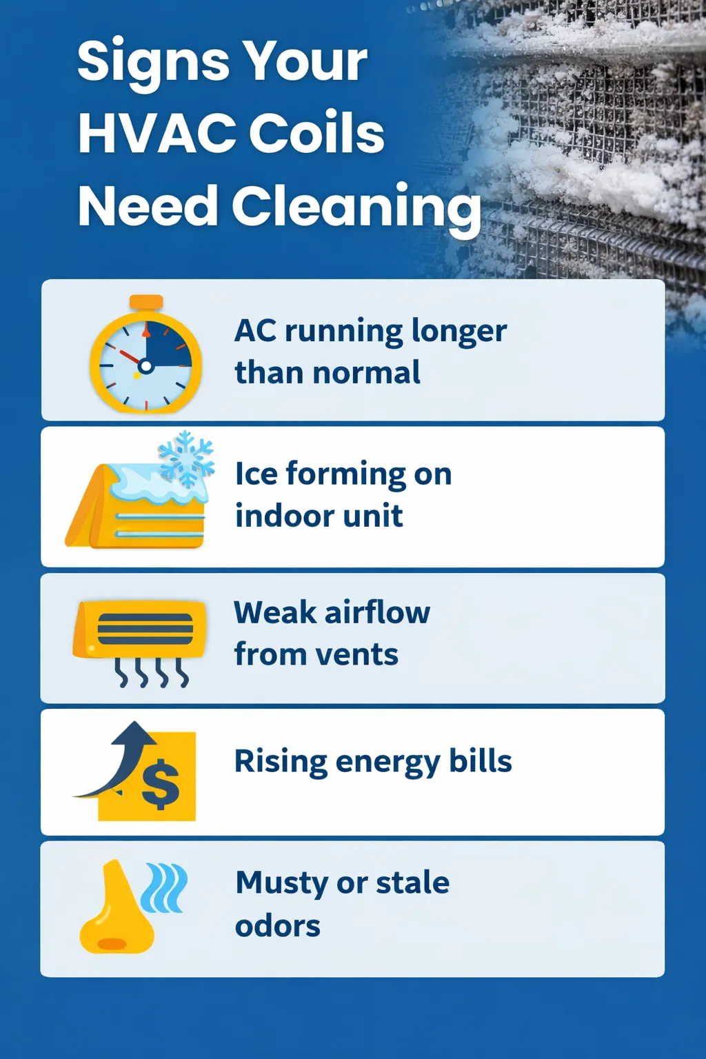 Infographic showing signs your HVAC coils need cleaning including AC running longer than normal, ice forming on indoor unit, weak airflow from vents, rising energy bills, and musty odors in Memphis Tennessee homes.