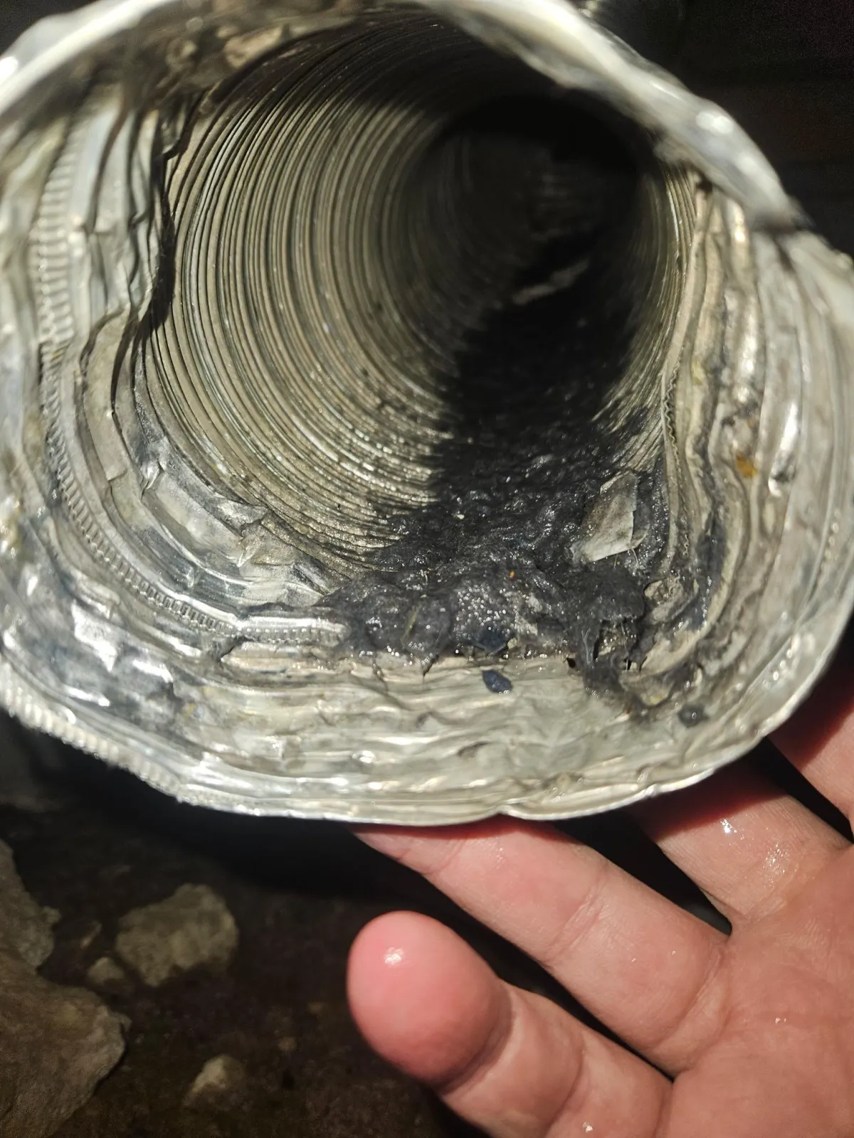 Dryer vent interior with moisture and lint buildup forming sludge restricting airflow in Memphis home