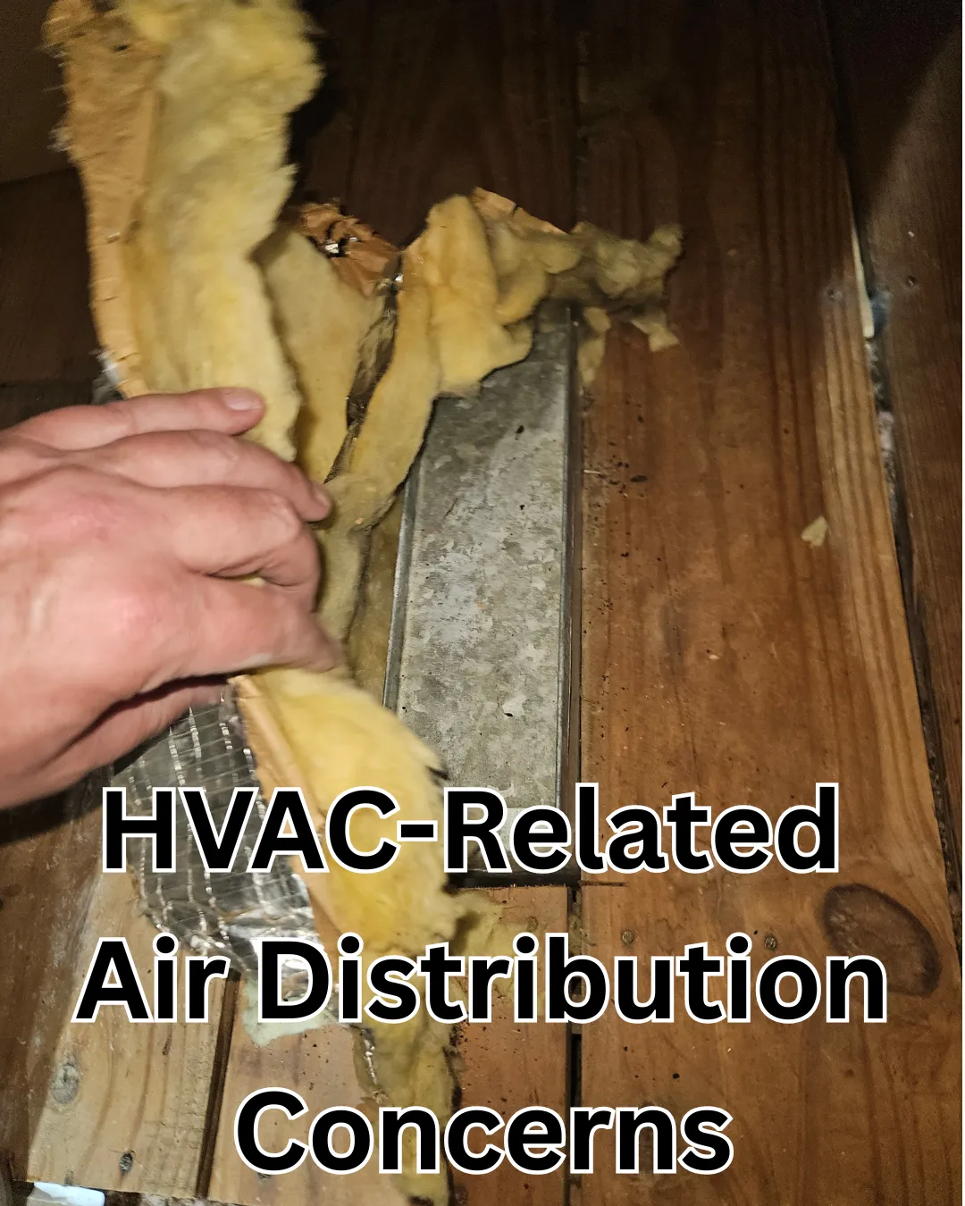 Technician inspecting damaged attic ductwork and insulation affecting HVAC airflow and air distribution.