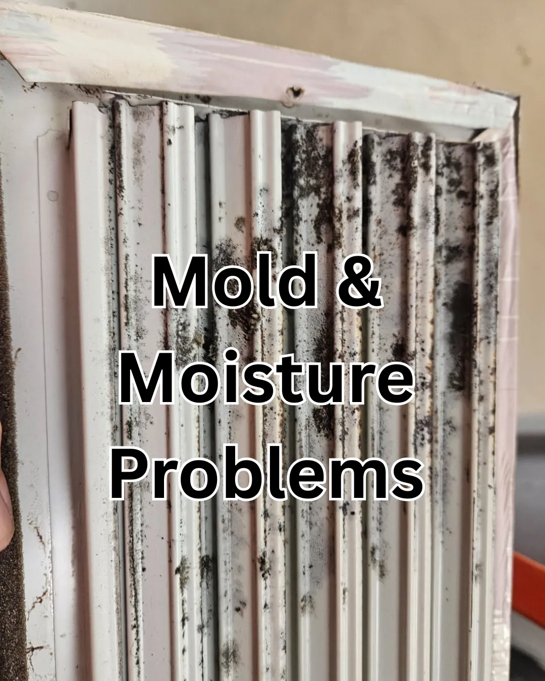 Mold and moisture buildup on an HVAC return vent caused by excess humidity and poor indoor air quality.