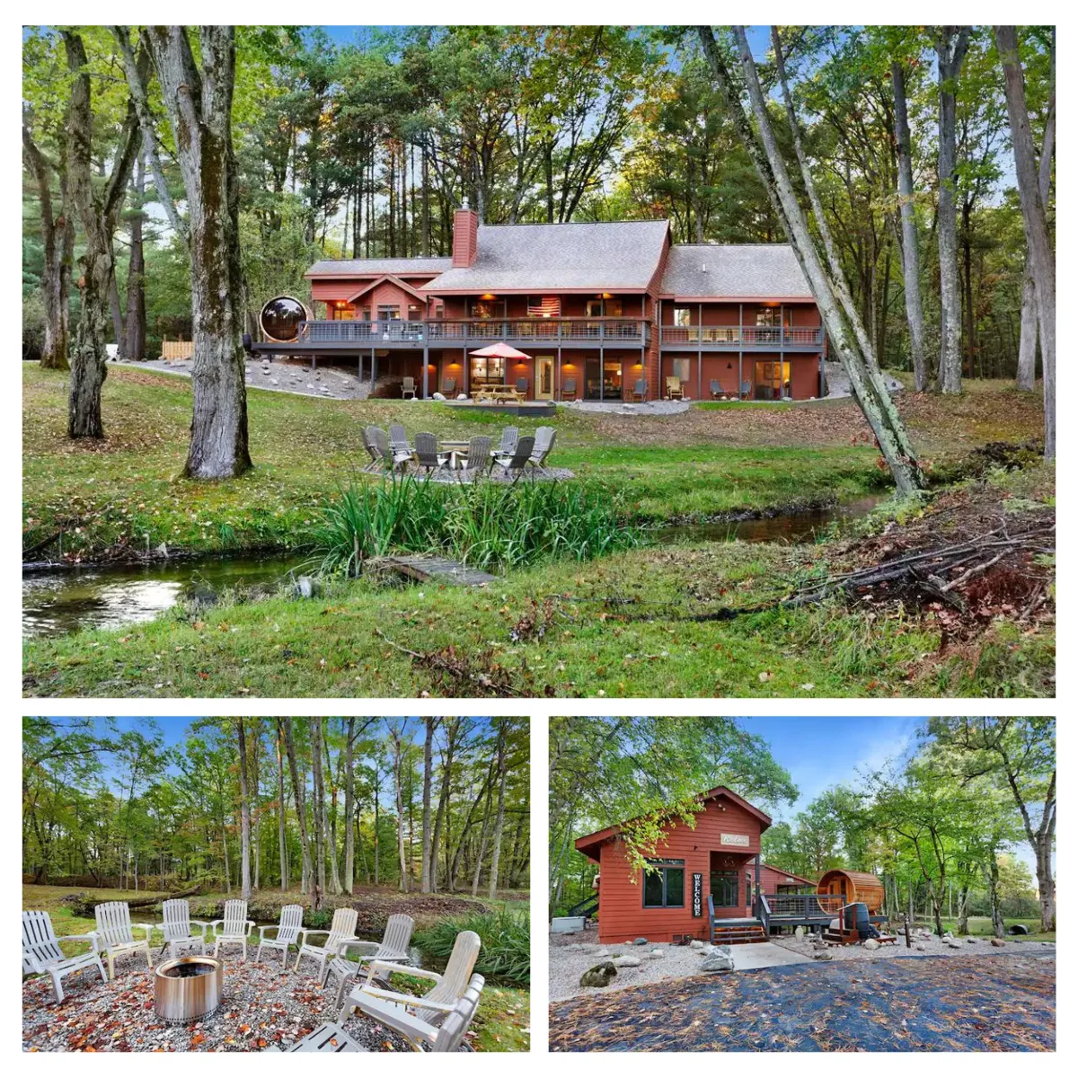 Hall Creek Lodge in Interlochen, Michigan, nestled in nature, offers six comfy bedrooms surrounded by trees on 5 acres, with a cozy living room and a kitchen for cooking.
