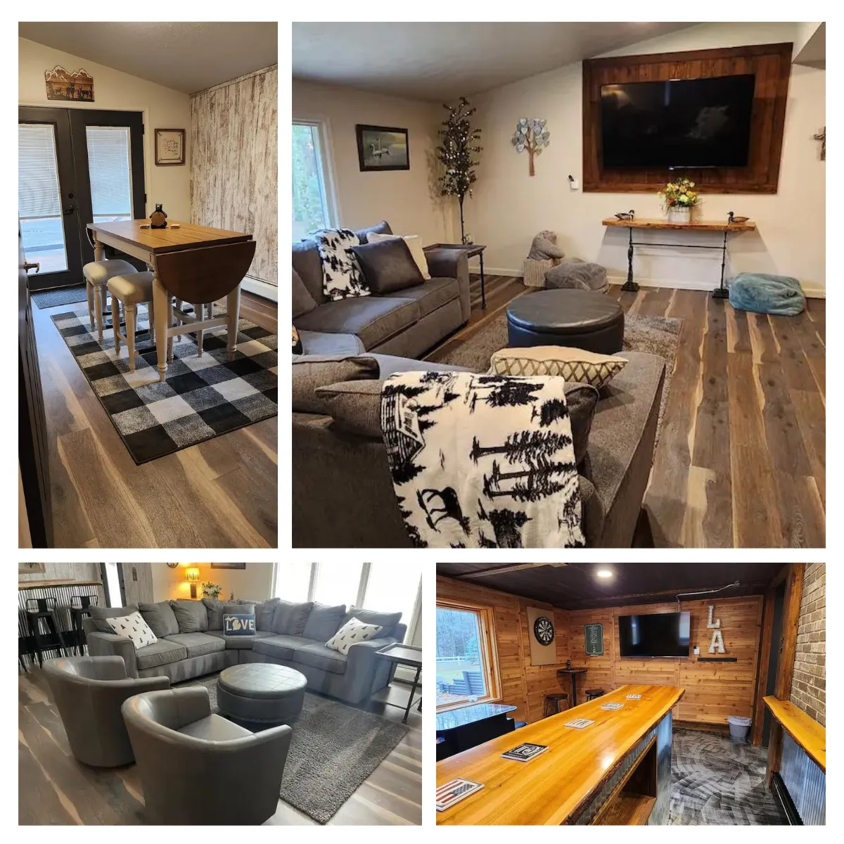 At Lake Ann Lodge, there are comfy spots for all. Relax on sectional couches in the main living areas or enjoy games in separate rooms. Teens have their movie and gaming spot, while kids can explore a secret fort. There's also a pub with a bar and games, plus TVs in every bedroom for private relaxation.