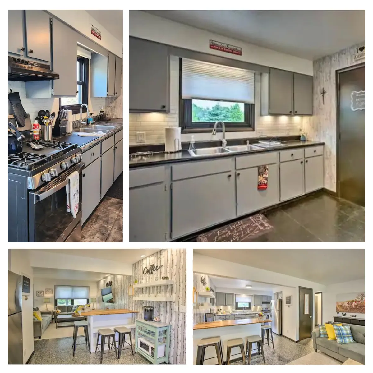 NEW Modern Townhome Lodge in Traverse City, Michigan, offers a well-equipped kitchen with stainless steel appliances and a coffee bar, perfect for guests to prepare meals and enjoy with friends and family.